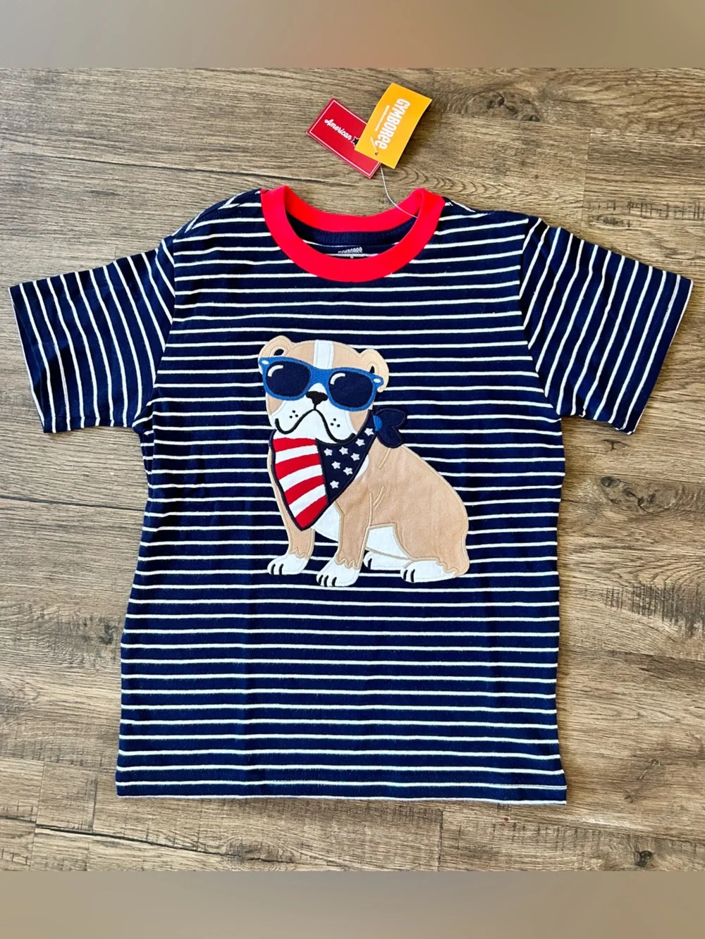 Gymboree|Navy Blue & White Striped Tee with Patriotic Bulldog sz 6